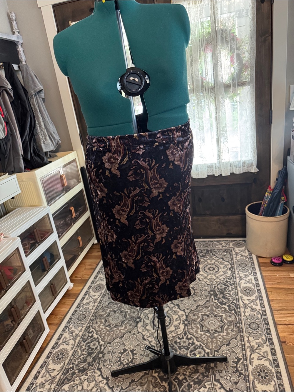 Floral Scroll Pencil Skirt in Black and Brown